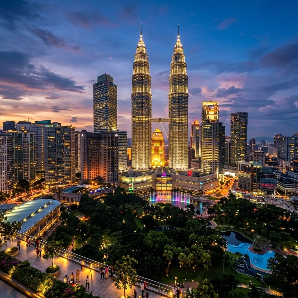 The Petronas Towers at dusk, Kuala Lumpur