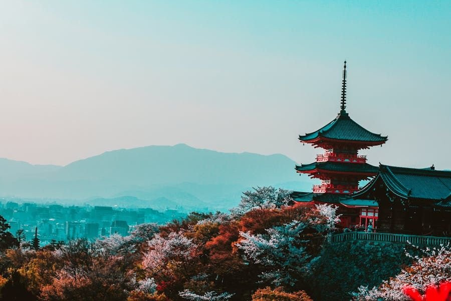 A pagoda among misty hills in Asia